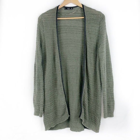 Mango Olive Green Textured Knit Cardigan Faux Leather Trim - Picture 1 of 6